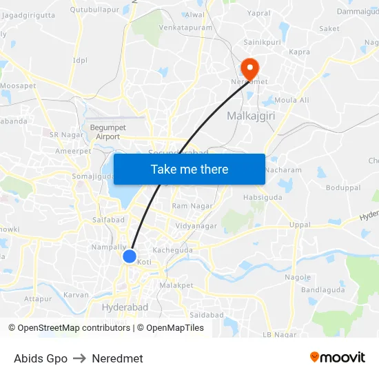 Abids Gpo to Neredmet map