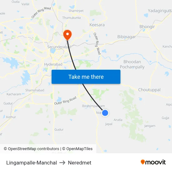 Lingampalle-Manchal to Neredmet map