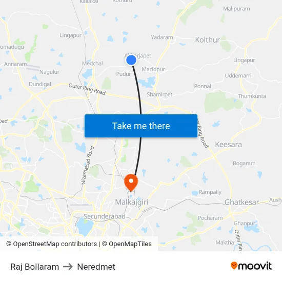 Raj Bollaram to Neredmet map