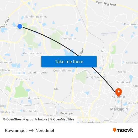 Bowrampet to Neredmet map