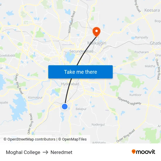 Moghal College to Neredmet map