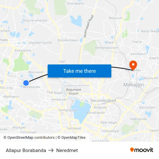 Allapur Borabanda to Neredmet map