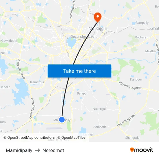 Mamidipally to Neredmet map