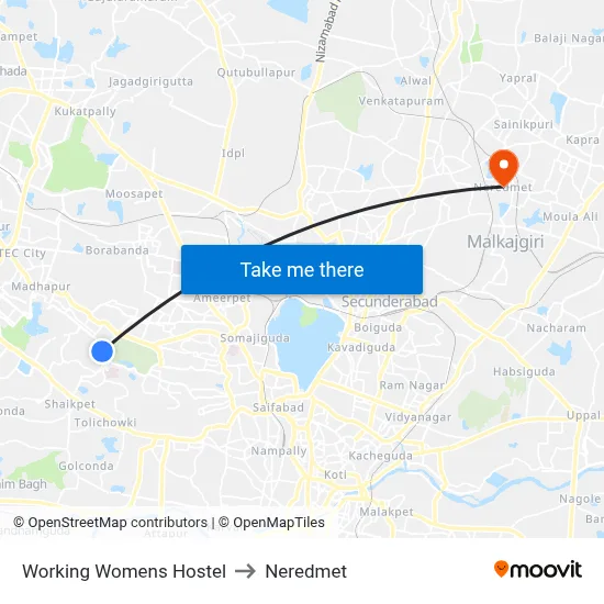 Working Womens Hostel Twd Kondapur to Neredmet map