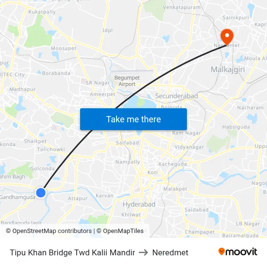 Tipu Khan Bridge Twd Kalii Mandir to Neredmet map