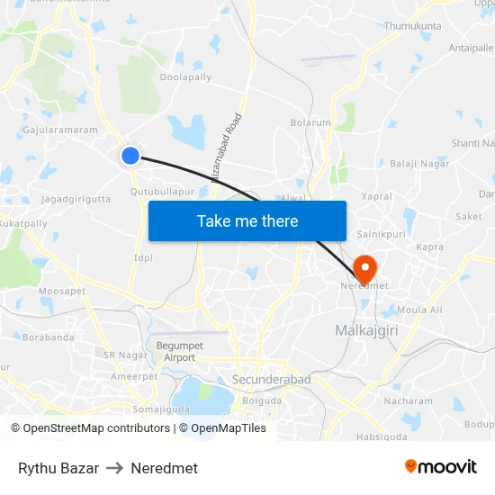 Rythu Bazar to Neredmet map