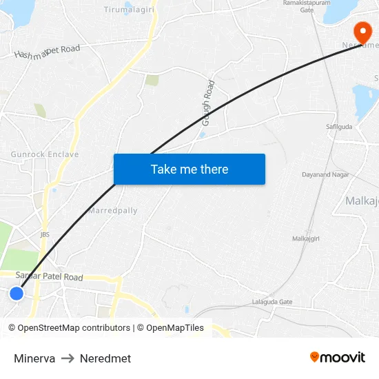 Minerva to Neredmet map