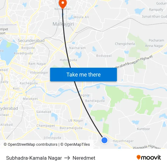 Subhadra-Kamala Nagar to Neredmet map