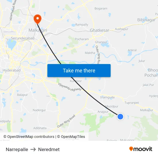 Narrepalle to Neredmet map
