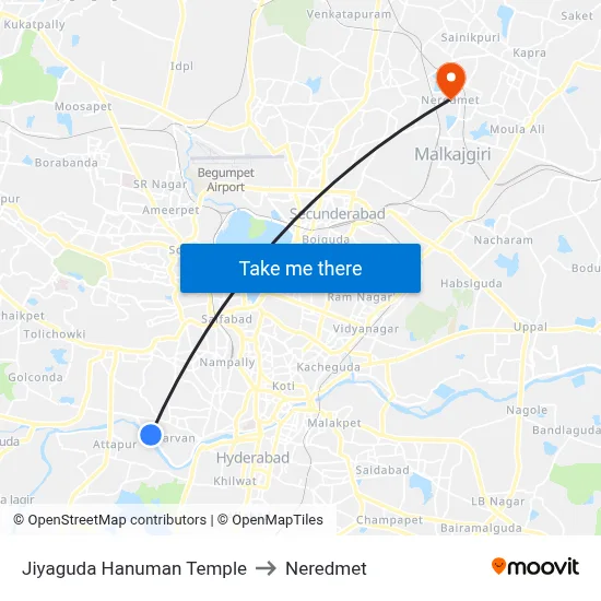 Jiyaguda Hanuman Temple to Neredmet map