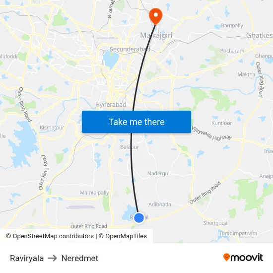 Raviryala to Neredmet map