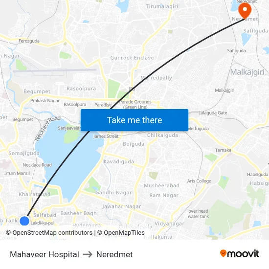 Mahaveer Hospital to Neredmet map
