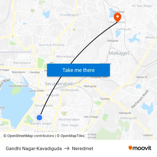 Gandhi Nagar-Kavadiguda to Neredmet map