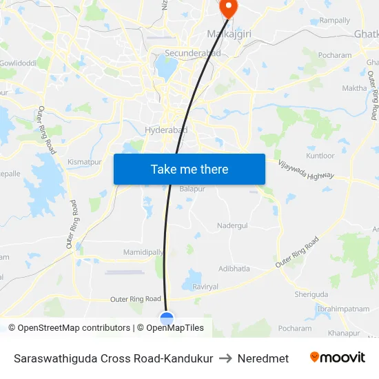 Saraswathiguda Cross Road-Kandukur to Neredmet map