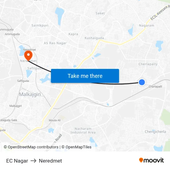 EC Nagar Twd Mallapur to Neredmet map
