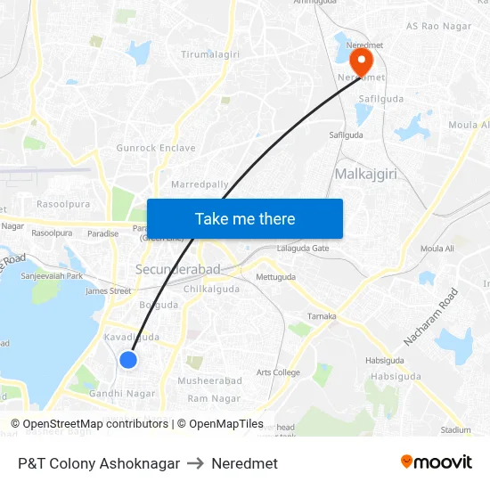 P&T Colony Ashoknagar to Neredmet map