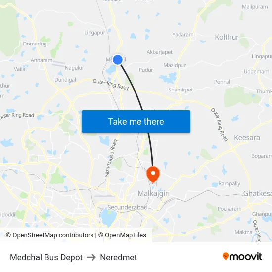 Medchal Bus Depot to Neredmet map