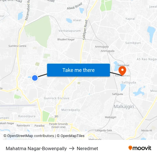 Mahatma Nagar Twd Hasmathpet to Neredmet map