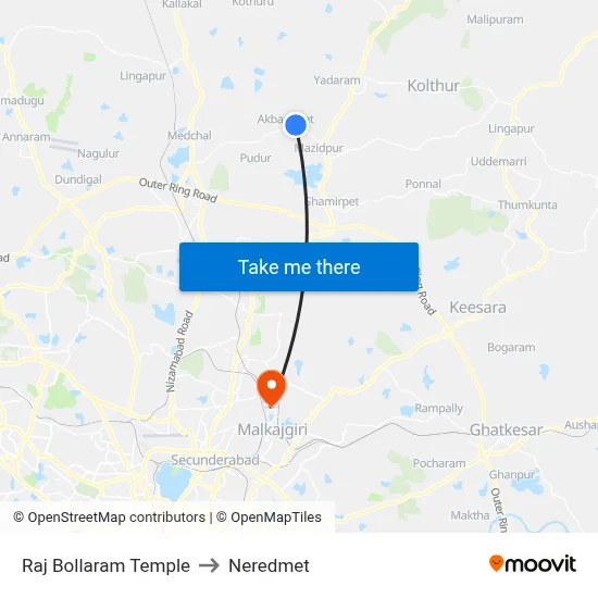 Rajbollaram Temple Twd Medchal to Neredmet map