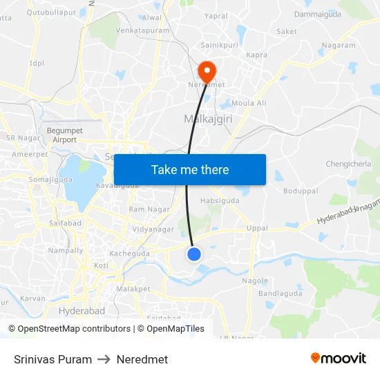 Srinivashpuram Twd Vr Reddy Nagar to Neredmet map