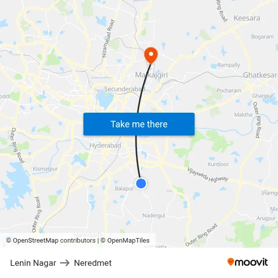 Lenin Nagar Twd Koti to Neredmet map