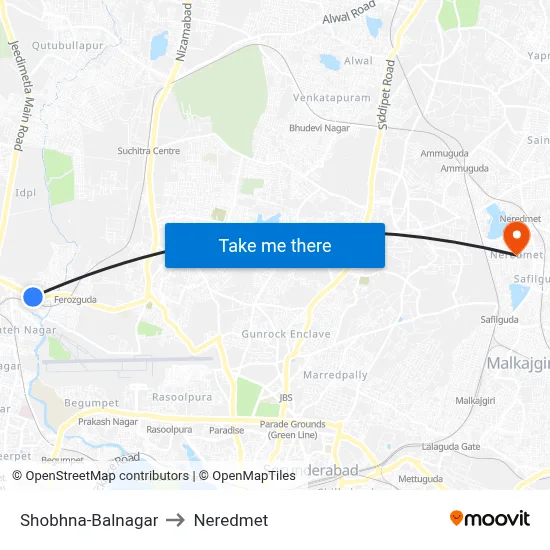 Shobhna-Balnagar to Neredmet map