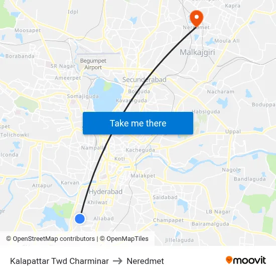 Kalapattar Twd Charminar to Neredmet map