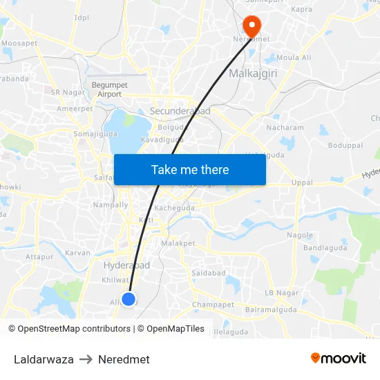 Laldarwaza Temple Twd Huppuguda to Neredmet map