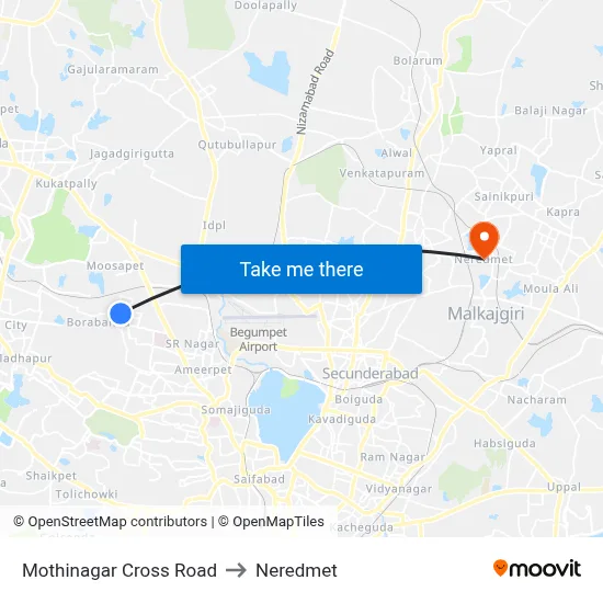 Mothinagar X Road Twd Erragadda to Neredmet map