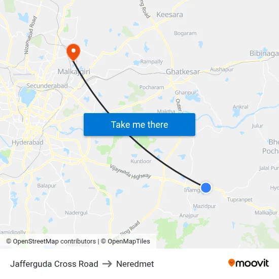 Jafferguda Cross Road to Neredmet map