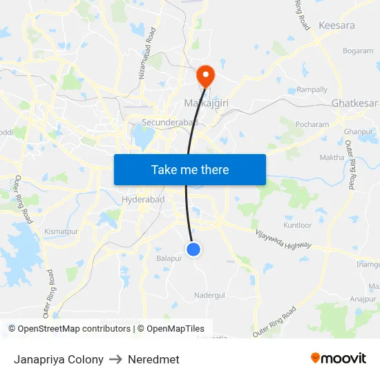 Janapriya Lenin Nagar to Neredmet map
