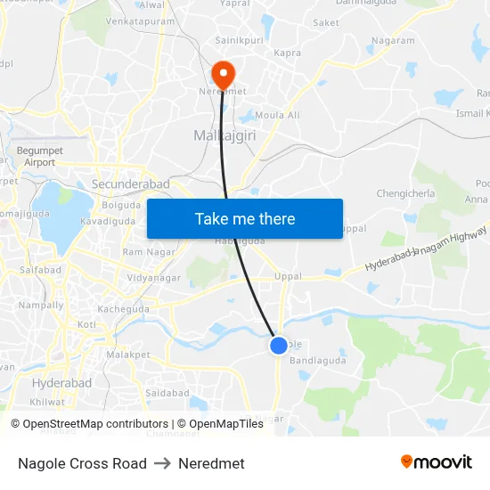 Nagole Cross Road to Neredmet map