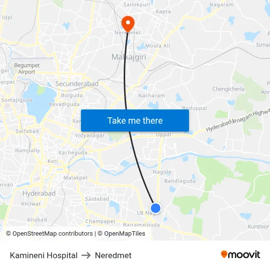 Kamineni Hospital to Neredmet map