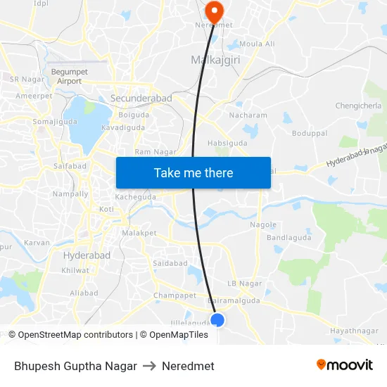 Bhupesh Guptha Nagar to Neredmet map