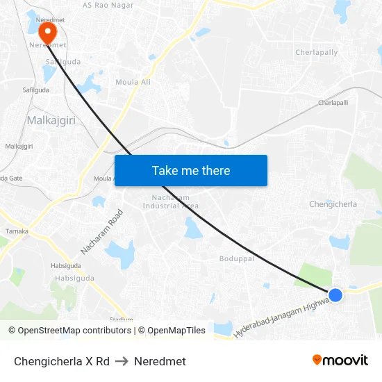 Chengicherla X Rd to Neredmet map