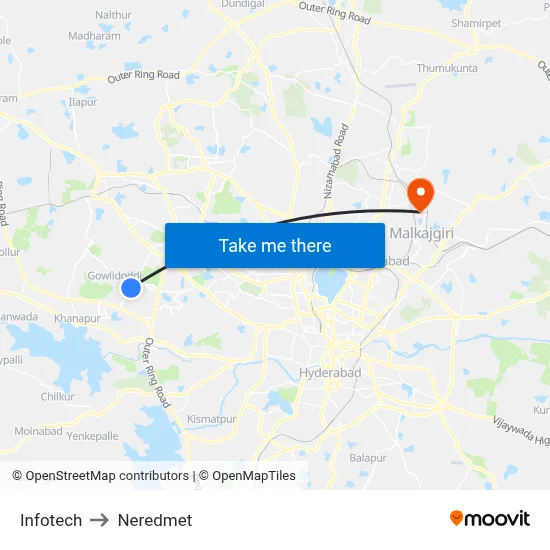Infotech to Neredmet map