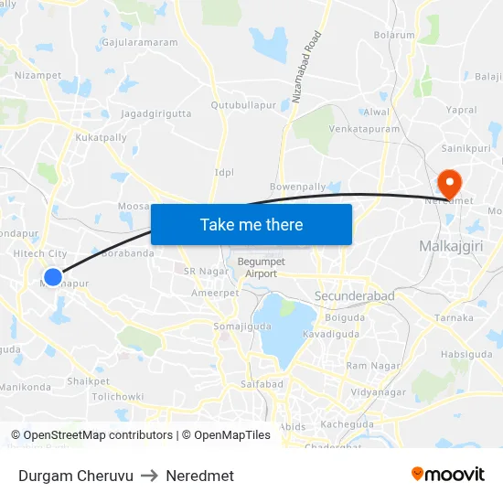 Durgam Cheruvu to Neredmet map