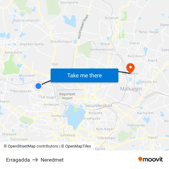 Erragadda to Neredmet map