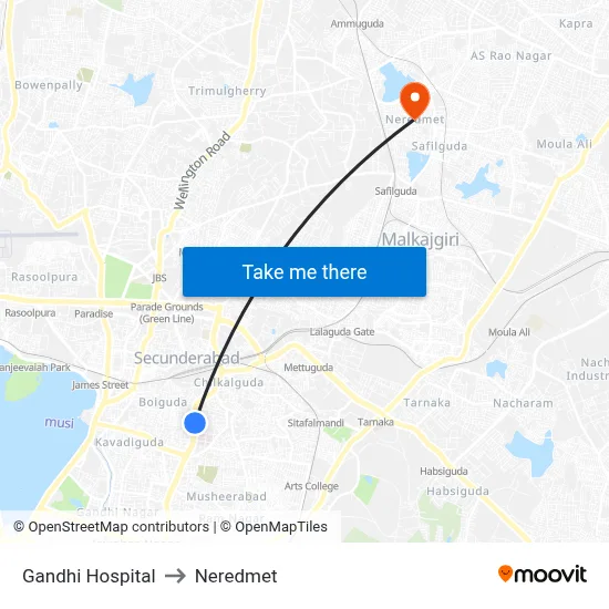 Gandhi Hospital to Neredmet map