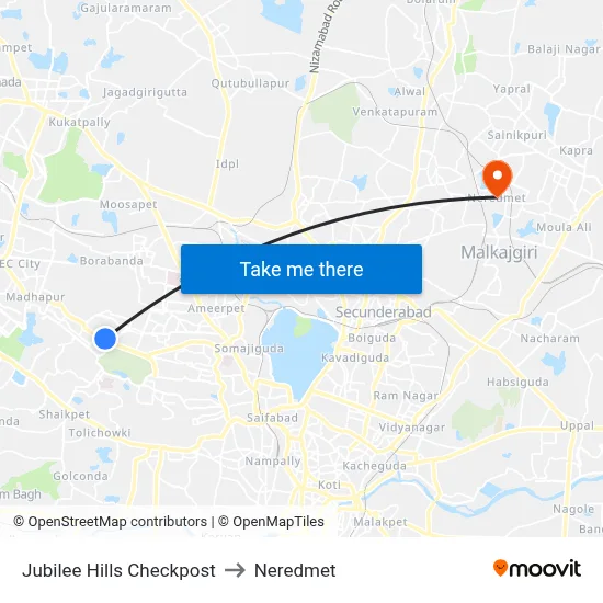 Jubilee Hills Checkpost to Neredmet map