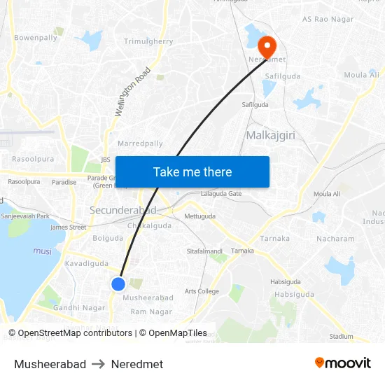 Musheerabad to Neredmet map
