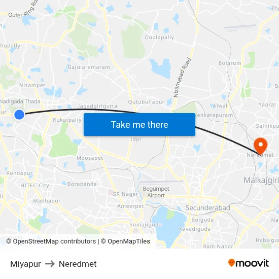 Miyapur to Neredmet map