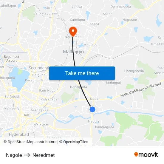 Nagole to Neredmet map