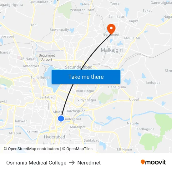 Osmania Medical College to Neredmet map