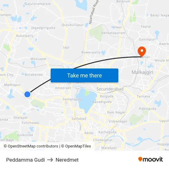 Peddamma Gudi to Neredmet map