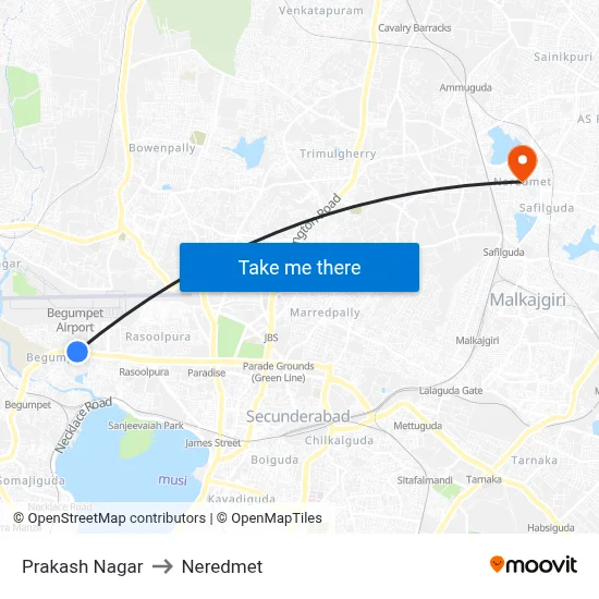 Prakash Nagar to Neredmet map