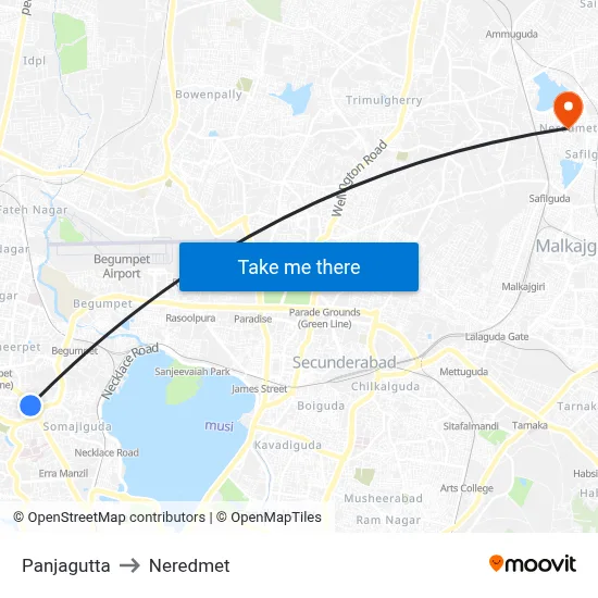 Panjagutta to Neredmet map
