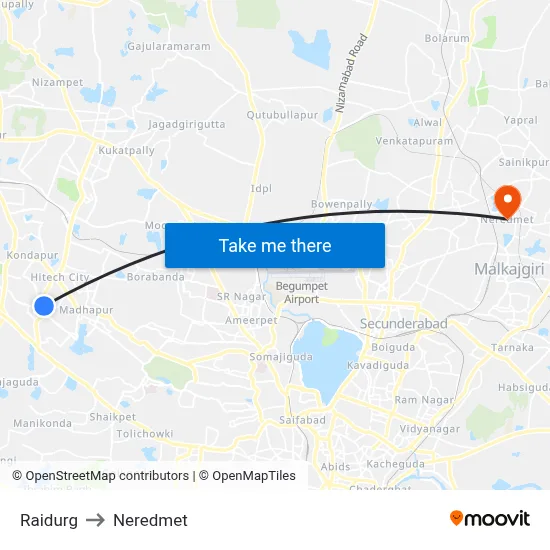 Raidurg to Neredmet map