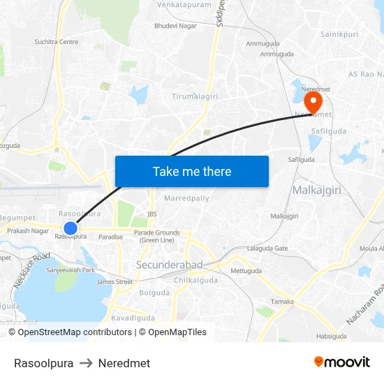 Rasoolpura to Neredmet map