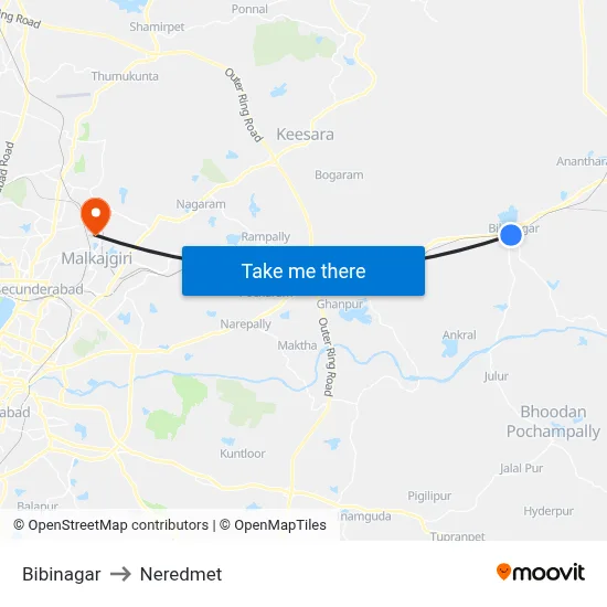 Bibinagar to Neredmet map